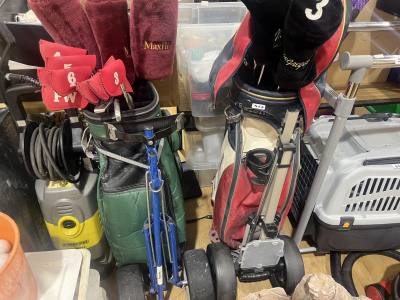 2 X GOLF BAGS + CLUBS + TROLLEYS
