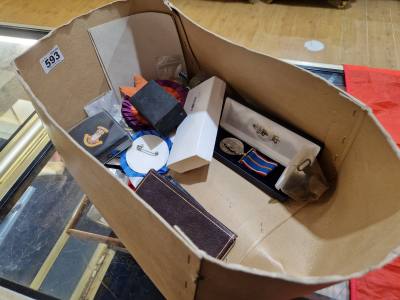 BOX OF LODGE MEDALS + BADGES