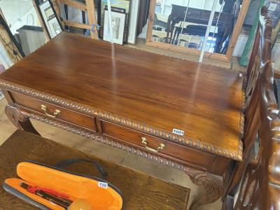 MAHOGANY 2 DRAWER HALL TABLE ON BALL CLAW