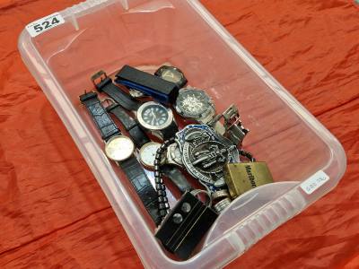 BOX OF WATCHES + CURIOS 
