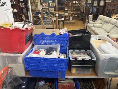 TABLE LOT OF BOXES