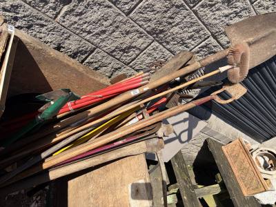LOT OF GARDEN TOOLS + RODS