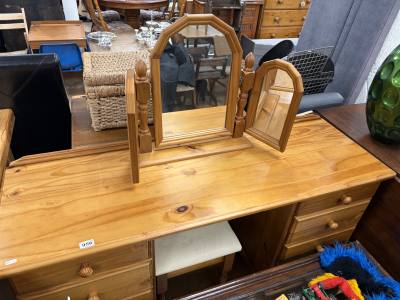 PINE DRESSING TABLE + MIRROR + STOOL 
