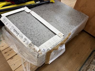 BOX OF WOODEN HANDLES + SCREWS ETC