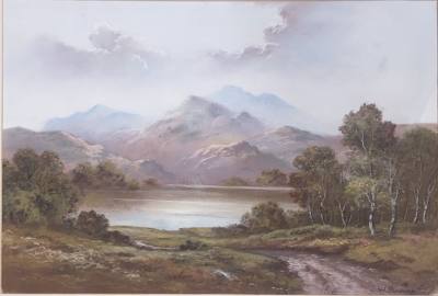 WENDY REEVES ACRYLIC UNDER GLASS (35X52) "MOUNTAIN VIEW OVER LOCH" 