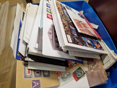 BOX OF STAMPS + COINS