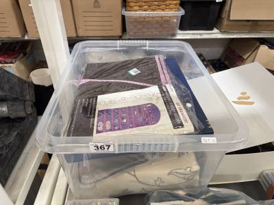 BOX OF CURTAINS + PLATES ETC