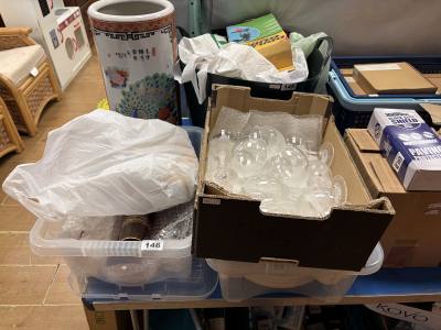 BOX OF CREAMWARE TEA SET + BOX OF GLASS + BOX OF RUBY COLOUR GLASSES + PLATES/POTS