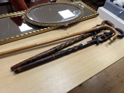 LARGE WALKING STICK + 2 X CARVED STICKS