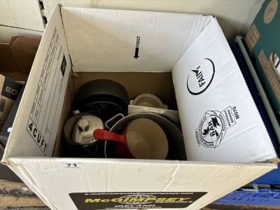 BOX OF POTS WITH LE CREUSET ETC