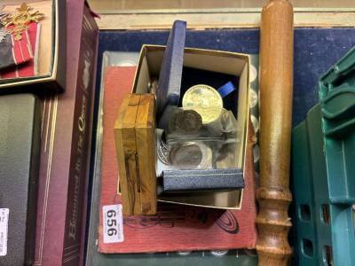 BOX OF COINS, HISTORIC CARS + STAMPS