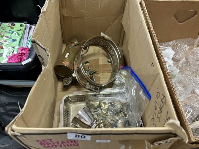 BOX OF SILVER PLATE + BRASS