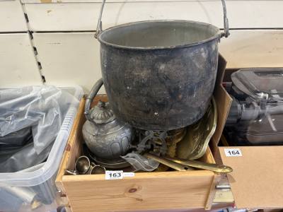 BOX OF SILVER PLATE, PEWTER + BRASS