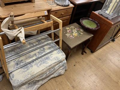 2 X STOOLS + TABLE + CHAIR AND TOWEL RAIL
