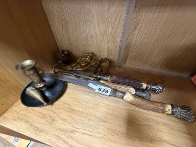 CARVING SET, SCONCE + SNUFFER