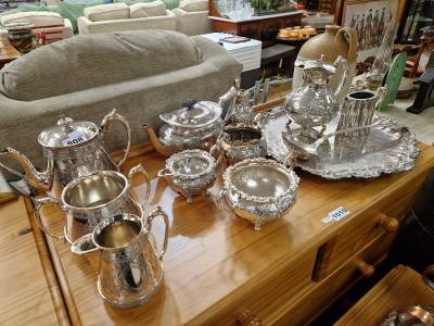 LOT OF SILVER PLATE + POTS ETC