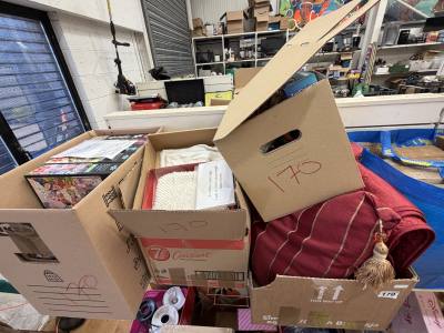 4 X BOXES OF GAMES/CUSHIONS ETC