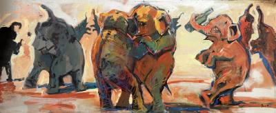 "CIRCUS CIRCUS" OIL ON BOARD "ELEPHANTS PLAYTIME" (90X245) GRAHAM BROWN RCA & FOREST MCCREADIE 