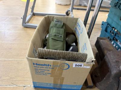 BOX OF MILITARY BAGS + BOTTLES
